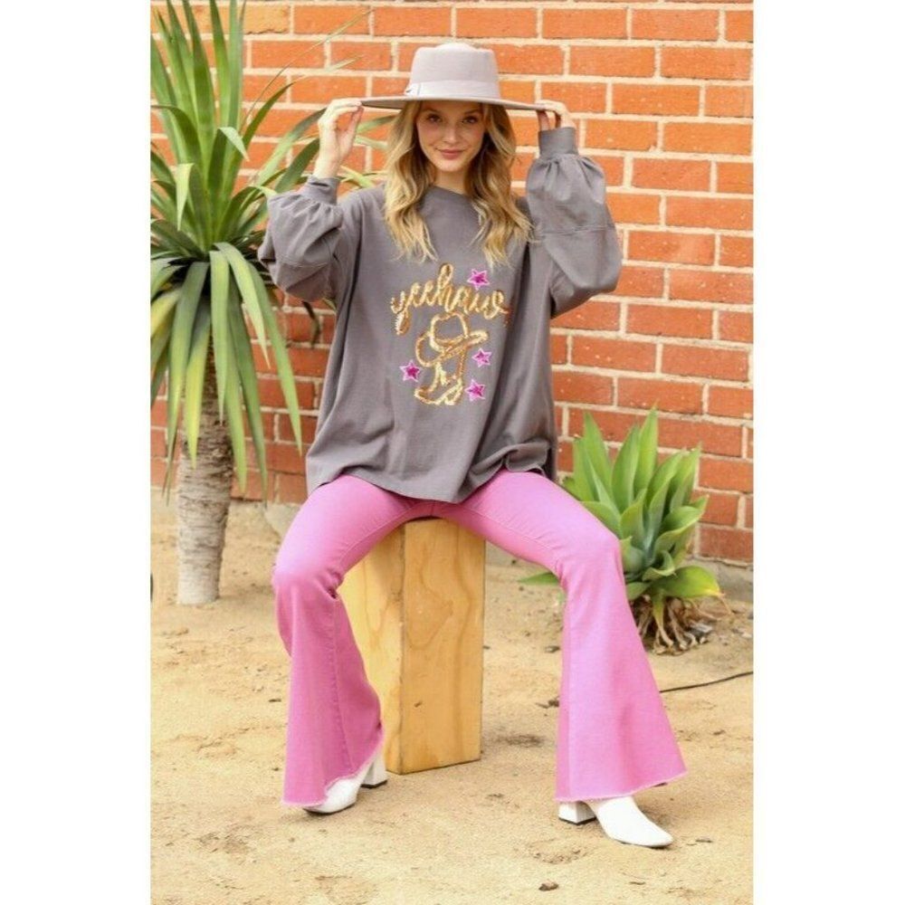 Fantastic Fawn Charcoal Yeehaw Star Sequin Patch Knit Western Top IFKT51844-04 - Picture 9 of 12